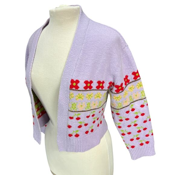 ZARA Womens Cropped Jacquard Knit Cherry Cardigan Sz M Sweater Cottage Coquette - Picture 8 of 11